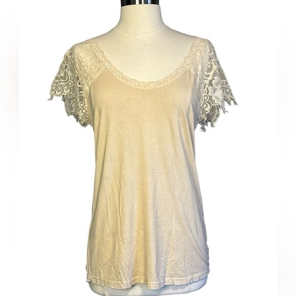 POL - Sweetheart Eyelash Lace Sleeve Shirt sz Small in TAN/Cream color - Picture 4 of 9